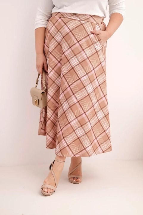 Spódnica damska Plus Size w kratę z szerokim dołem camelowa