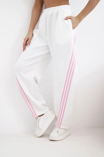Spodnie damskie masełkowe z wiskozy z lampasem białe