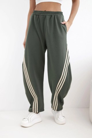 Spodnie damskie masełkowe z wiskozy z lampasem khaki