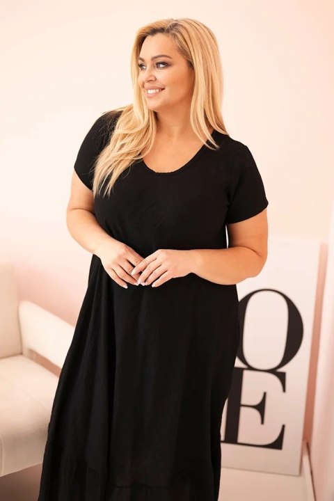 Czarna sukienka damska Plus Size z krótkim rękawem i falbaną