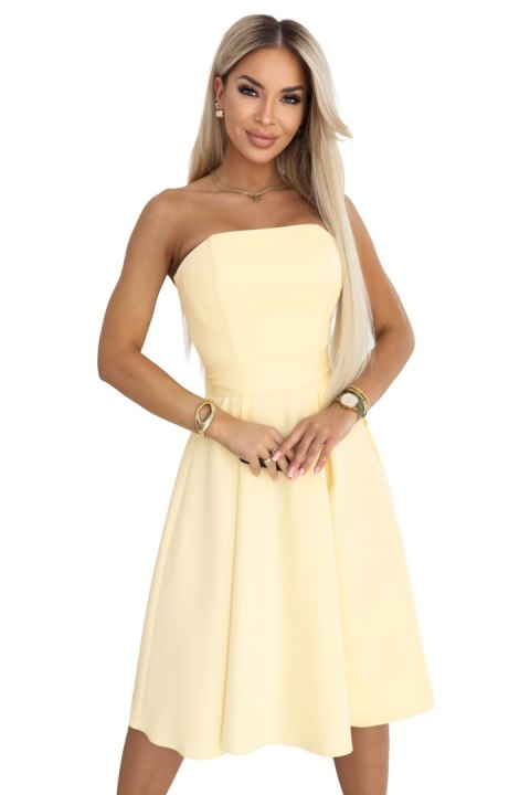 641-3 VIVIENNE gorsetowa rozkloszowana sukienka midi z paskiem - pastelowy żółty