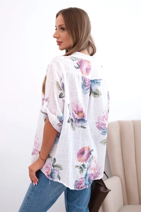 Biała bluzka damska z bawełny z kwiatowym wzorem