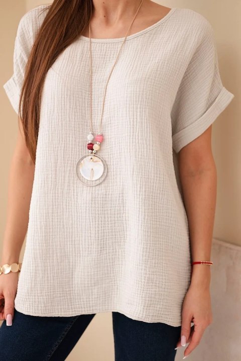 Bluzka muślinowa z naszyjnikiem beżowa