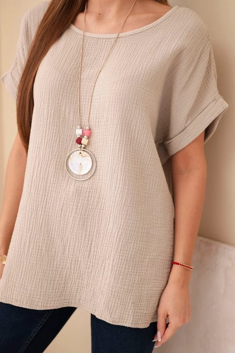 Bluzka muślinowa z naszyjnikiem ciemno beżowa