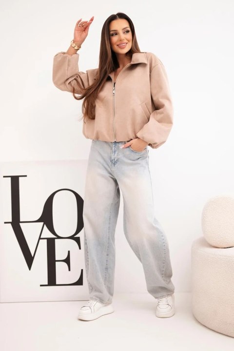 Kurtka damska z zamkiem i bufiastym rękawem camelowa