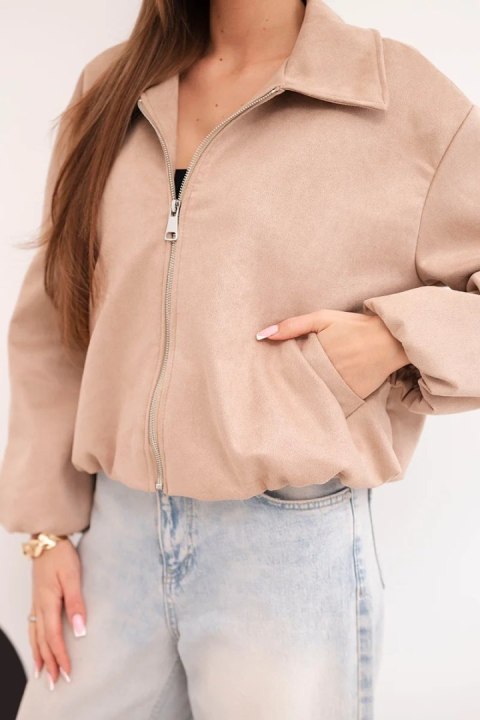 Kurtka damska z zamkiem i bufiastym rękawem camelowa