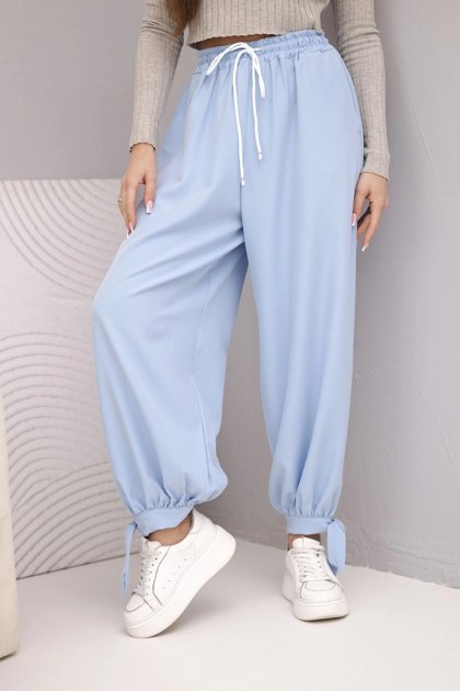 Spodnie damskie z szeroką nogawką i wiązaniem u dołu niebieskie