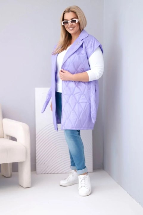 Kamizelka damska Plus Size pikowana z paskiem i kołnierzem jasno fioletowa