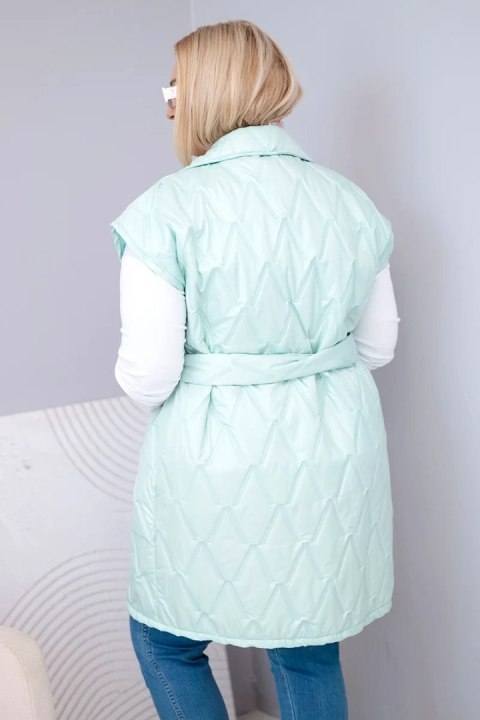Kamizelka damska Plus Size pikowana z paskiem i kołnierzem miętowa