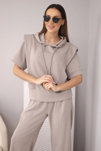 Komplet damski masełkowy bluza z kapturem i luźne spodnie z wiązaniem fango