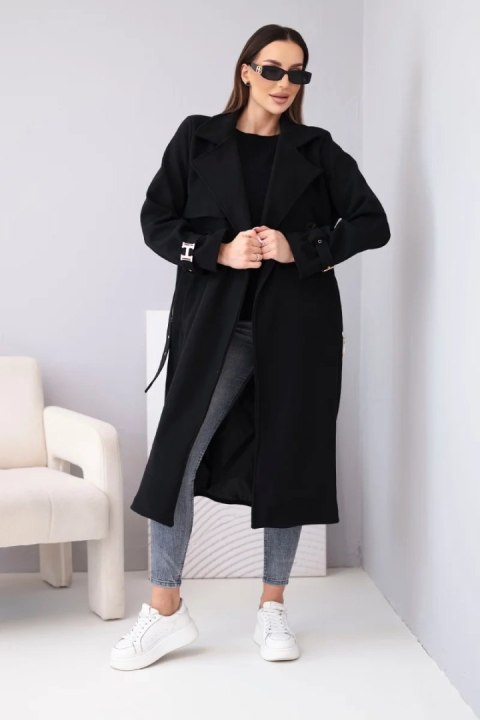 Płaszcz damski z paskiem i złotymi klamrami czarny
