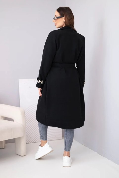 Płaszcz damski z paskiem i złotymi klamrami czarny