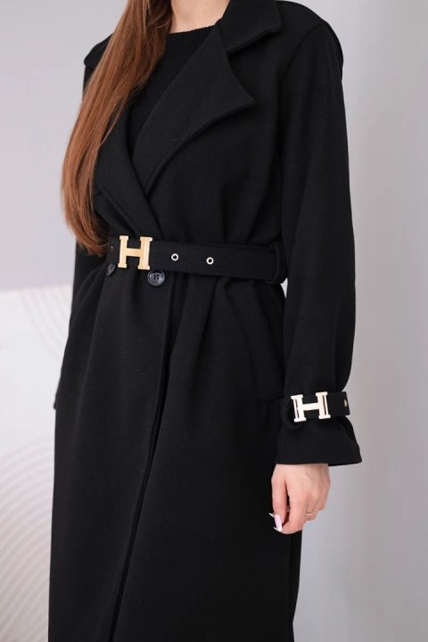 Płaszcz damski z paskiem i złotymi klamrami czarny