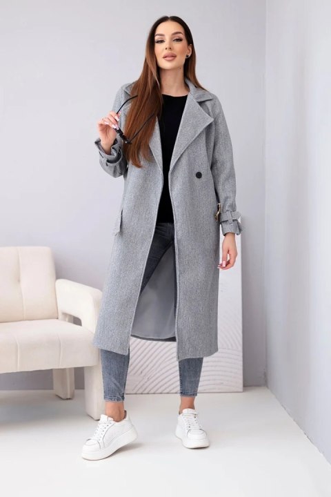 Płaszcz damski z paskiem i złotymi klamrami szary melanż