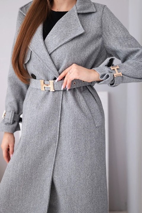 Płaszcz damski z paskiem i złotymi klamrami szary melanż