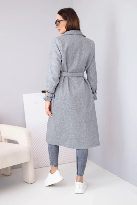 Płaszcz damski z paskiem i złotymi klamrami szary melanż