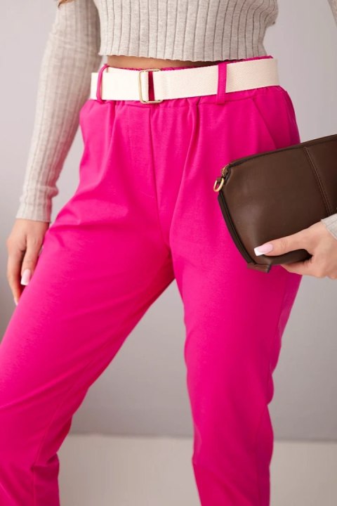 Spodnie damskie bawełniane z paskiem i podwijaną nogawką fuksja