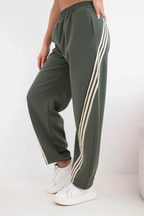 Spodnie damskie masełkowe z wiskozy z lampasem khaki