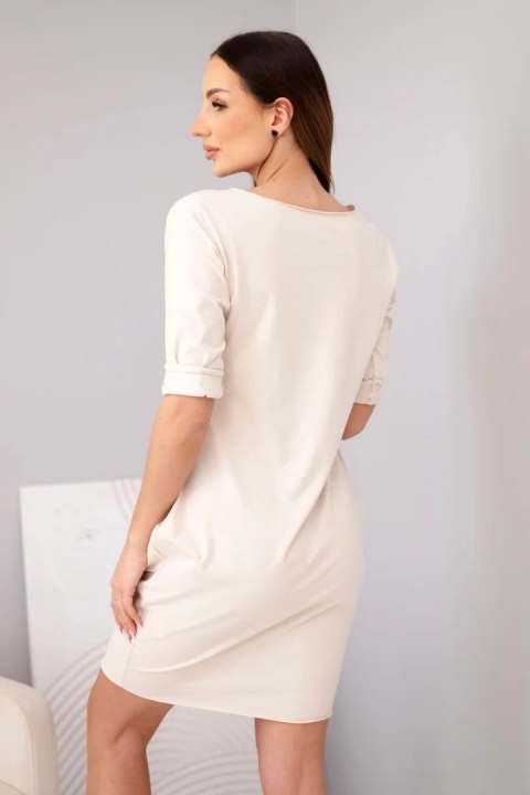 Sukienka damska bawełniana z rękawem 3/4 i kieszeniami beżowa