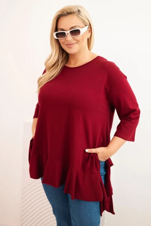 Bordowa bluzka damska Plus Size z falbaną i podwijanym rękawem