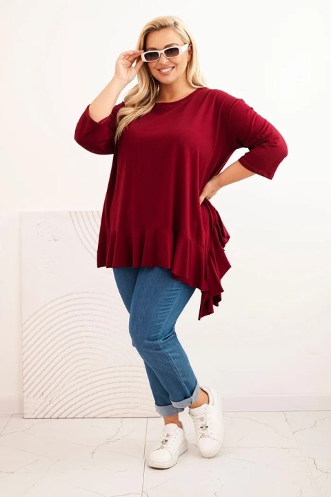 Bordowa bluzka damska Plus Size z falbaną i podwijanym rękawem