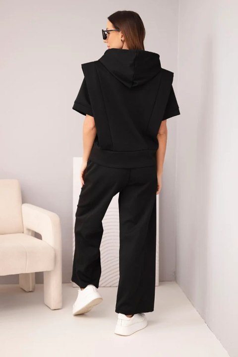 Komplet damski masełkowy bluza z kapturem i luźne spodnie z wiązaniem czarny