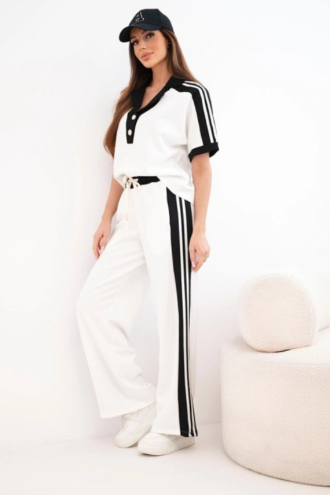 Czarny komplet damski masełkowy z bluzą polo i szerokimi spodniami