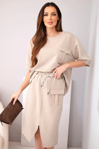 Komplet damski masełkowy z bluzką i spódnicą midi fango