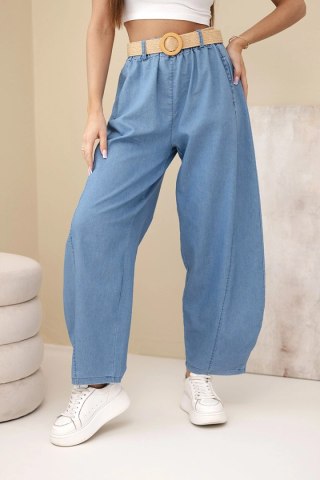 Spodnie damskie z szeroką nogawką i paskiem jasno jeansowe