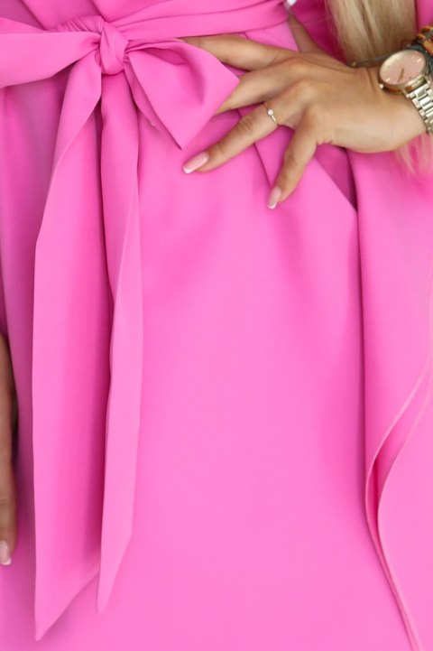 287-42 SOFIA Różowa sukienka motyl z wiązaniem w pasie - jasna fuksja