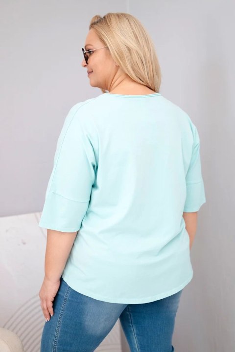 Bluzka damska bawełniana oversize Plus Size z dekoltem V miętowa