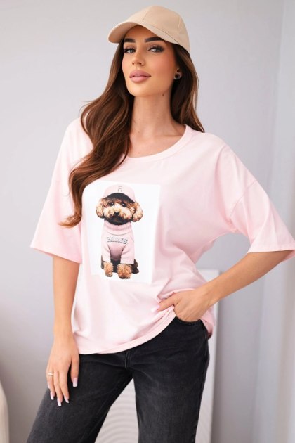 Bluzka damska bawełniana oversize z krótkim rękawem i nadrukiem cukierkowy róż