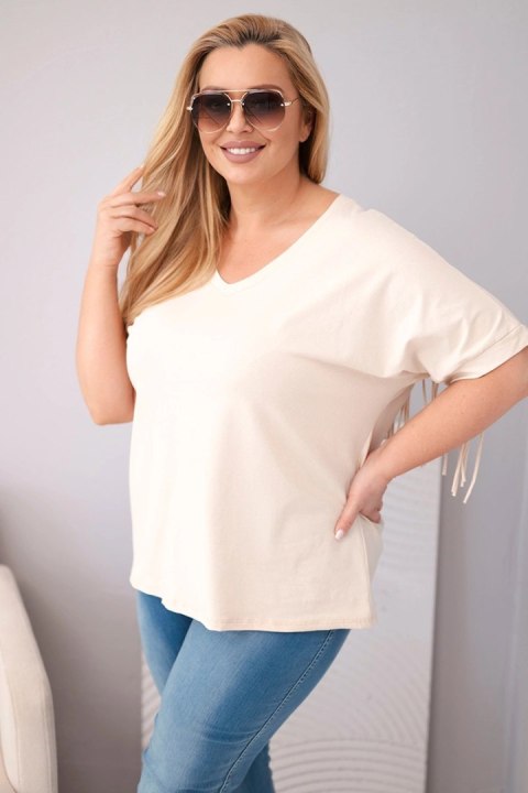 Bluzka damska bawełniana Plus Size z dekoltem V i frędzlami na plecach beżowa