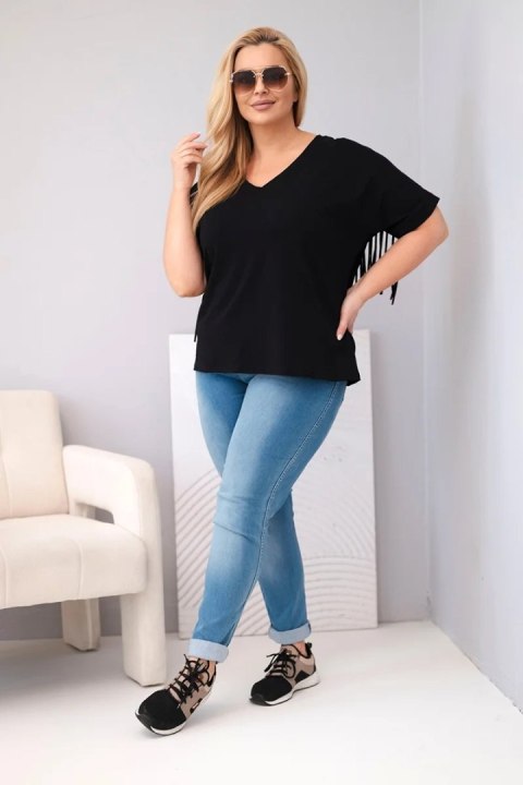 Bluzka damska bawełniana Plus Size z dekoltem V i frędzlami na plecach czarna