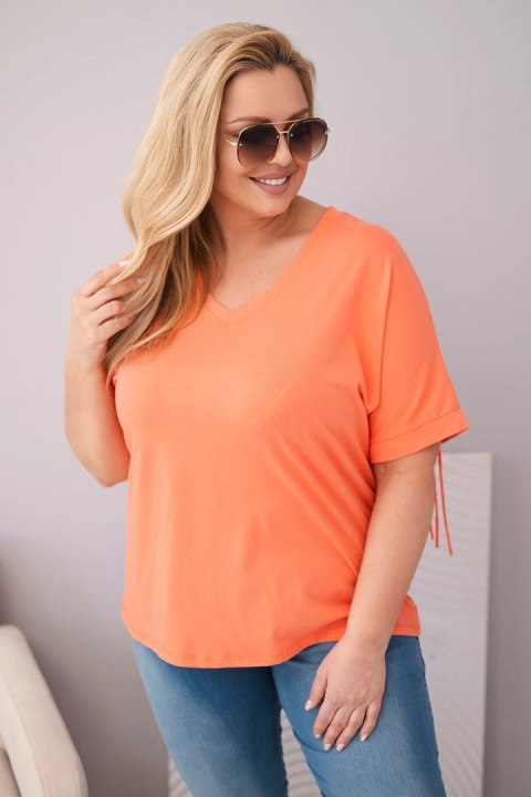 Bluzka damska bawełniana Plus Size z dekoltem V i frędzlami na plecach łososiowa