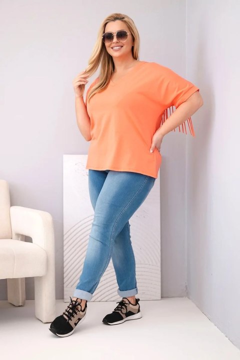 Bluzka damska bawełniana Plus Size z dekoltem V i frędzlami na plecach łososiowa
