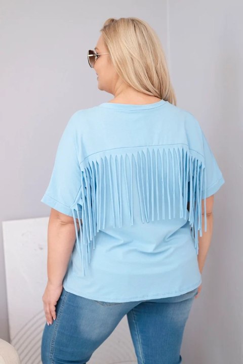 Bluzka damska bawełniana Plus Size z dekoltem V i frędzlami na plecach niebieska