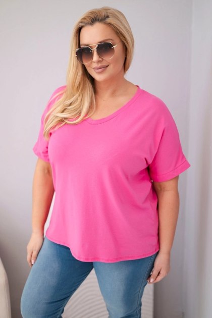 Bluzka damska bawełniana Plus Size z dekoltem V i frędzlami na plecach różowa