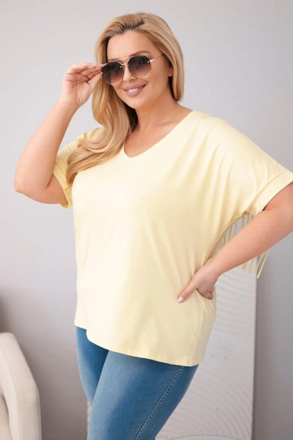 Bluzka damska bawełniana Plus Size z dekoltem V i frędzlami na plecach żółta