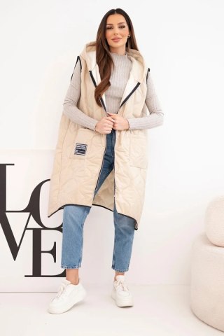 Kamizelka damska pikowana Plus Size z kapturem zapinana na zamek ciemno beżowa