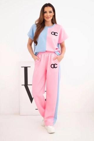 Komplet damski masełkowy z bluzą oversize i szerokimi spodniami jasny różowy + niebieski
