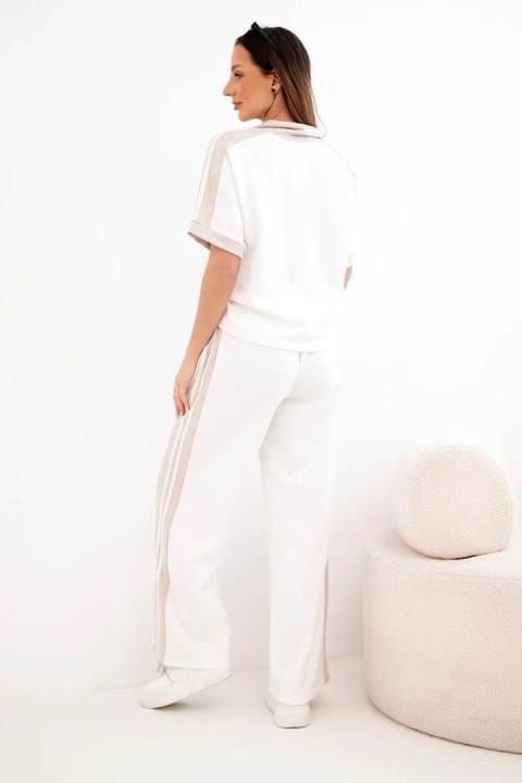 Komplet damski masełkowy z bluzą polo i szerokimi spodniami beżowy