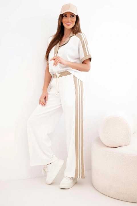 Komplet damski masełkowy z bluzą polo i szerokimi spodniami camelowy