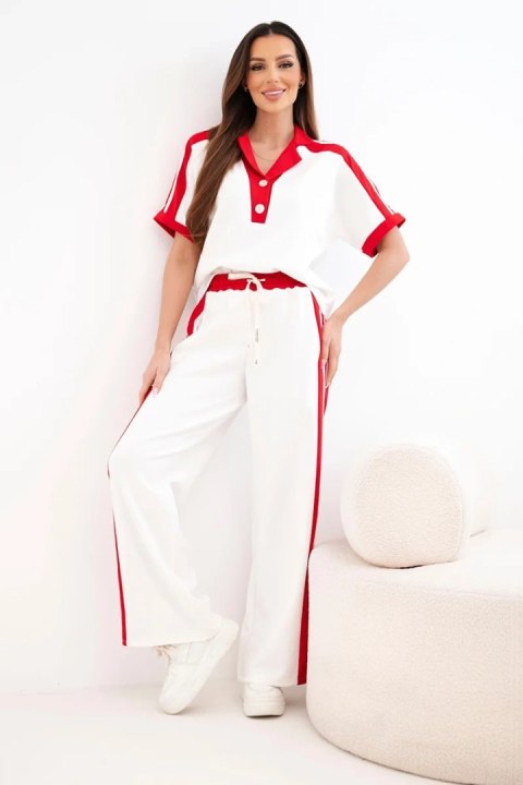 Komplet damski masełkowy z bluzą polo i szerokimi spodniami czerwony
