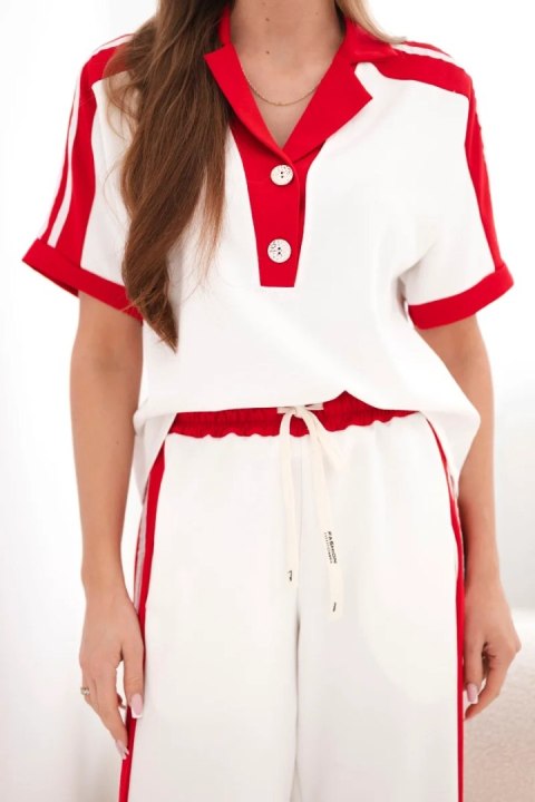 Komplet damski masełkowy z bluzą polo i szerokimi spodniami czerwony