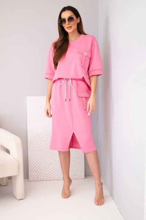 Różowy komplet damski masełko ze spódnicą midi