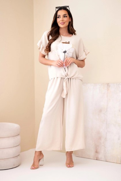 Komplet damski wiskozowy z bluzką z nadrukiem i spodniami beżowy