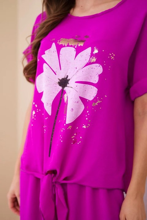 Komplet damski wiskozowy z bluzką z nadrukiem i spodniami ciemny fioletowy