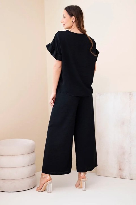 Komplet damski wiskozowy z bluzką z nadrukiem i spodniami czarny