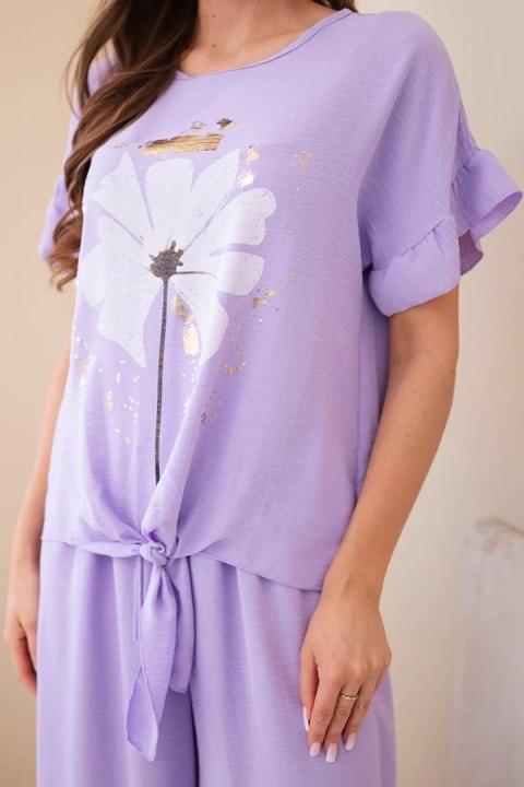 Komplet damski wiskozowy z bluzką z nadrukiem i spodniami jasny fioletowy